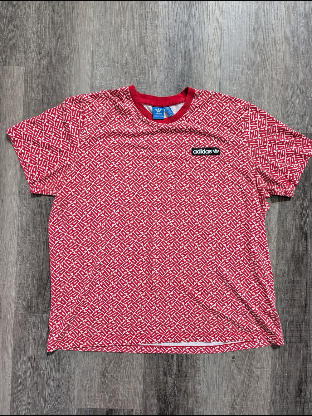 Adidas Graphic T-Shirt XXL Red White Allover Print Logo Tee